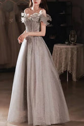 Robe Demoiselle D'Honneur Argentée À Lacets Épaules Dénudées-34-Argent