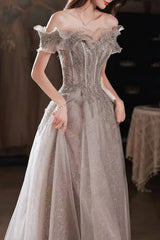 Robe Demoiselle D'Honneur Argentée À Lacets Épaules Dénudées-