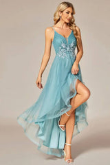 Robe Demoiselle D'Honneur Asymétrique Bretelles Fines Col En V Corsage Motifs Fleuris-