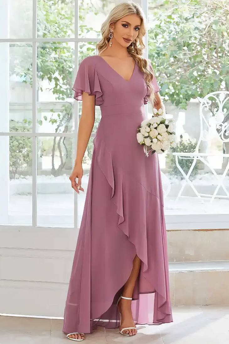 Robe Demoiselle D'Honneur Asymétrique Empire Fluide Col En V Manches Volantées-