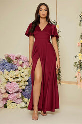 Robe Demoiselle D'Honneur Bordeaux Mousseline De Soie Col En V Fente Latérale Manches Volantées-S (36-38)-Bordeaux