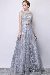 Robe Demoiselle D'Honneur Broderie Florale Sans Manches Ceinture Feuilles Dorées Encolure Transparente-Argent-38