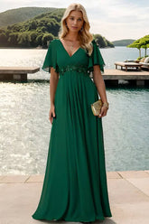 Robe Demoiselle D'Honneur Empire Col V Ceinture Fleurie-Vert Foncé-38