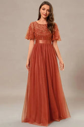 Robe Demoiselle D'Honneur Empire Maxi Ras Du Cou Manches Amples-Orange Brulé-36