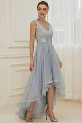 Robe Demoiselle D'Honneur En Tulle Asymétrique Col En V Sans Manches Dos Nu En V Corsage Pailleté-Argent-42