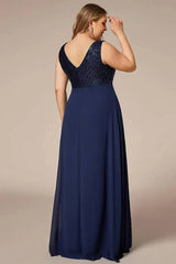 Robe Demoiselle D'Honneur Grande Taille Empire Col En V Bustier Pailleté Sans Manches-