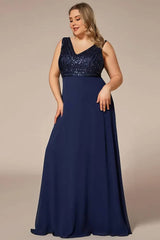 Robe Demoiselle D'Honneur Grande Taille Empire Col En V Bustier Pailleté Sans Manches-