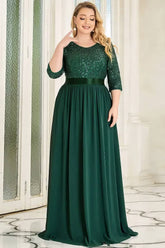 Robe Demoiselle D'Honneur Grande Taille Longue Bustier À Paillettes Manches 3/4 Col Rond-Vert Foncé-36