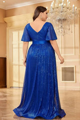 Robe Demoiselle D'Honneur Grande Taille Maxi Empire Plissée Scintillante Col En V Manches Courtes Larges-