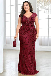 Robe Demoiselle D'Honneur Grande Taille Sirène Manches Courtes Encolure En V-Bordeaux-XL (48-50)