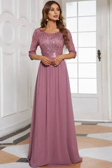 Robe Demoiselle D'Honneur Longue A-Line Buste À Sequins Manches 3/4-