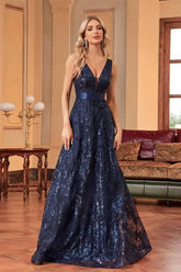 Robe Demoiselle D'Honneur Longue À Sequins Col V Sans Manches-Bleu Marine-S (36-38)