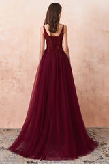 Robe Demoiselle D'Honneur Longue Bordeaux Ligne A Sans Manches Fendue Corsage Perlé-