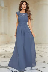 Robe Demoiselle D'Honneur Longue Empire Dentelle Manches Très Courtes Col Rond Ligne A-