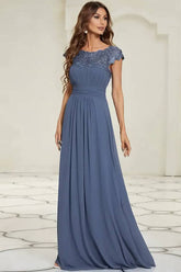 Robe Demoiselle D'Honneur Longue Empire Dentelle Manches Très Courtes Col Rond Ligne A-Bleu Gris-36