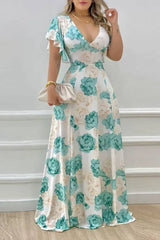 Robe Demoiselle D'Honneur Longue Empire Fleurs Colorées Col En V Manches Courtes Évasées-Turquoise-S (36-38)