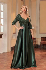 Robe Demoiselle D'Honneur Longue En Satin Col En V Pailleté Manches 3/4-