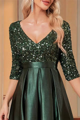 Robe Demoiselle D'Honneur Longue En Satin Col En V Pailleté Manches 3/4-