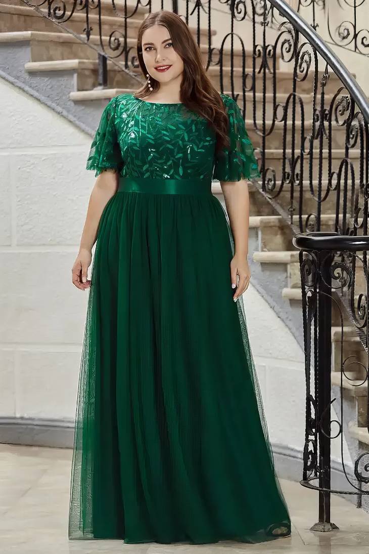 Robe Demoiselle D'Honneur Longue Femme Ronde Corsage En Dentelle-Vert Foncé-36