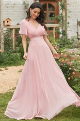 Robe Demoiselle D'Honneur Longue Mousseline Double Col En V Manches Cape-Rose-XL (48-50)