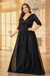 Robe Demoiselle D'Honneur Longue Noire Brillante Grande Taille Empire Col En V Manches 3/4-Noir-S (36-38)
