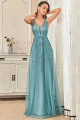 Robe Demoiselle D'Honneur Longue Tulle Broderie Florale Col En V Dos Nu Sans Manches-