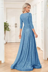 Robe Demoiselle D'Honneur Maxi Brillante À Paillettes Col En V Manches 3/4-