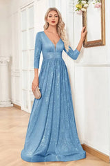 Robe Demoiselle D'Honneur Maxi Brillante À Paillettes Col En V Manches 3/4-