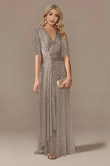 Robe Demoiselle D'Honneur Maxi Portefeuille À Paillettes Col V Manches Courtes-Argent-36