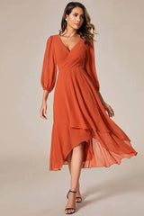 Robe Demoiselle D'Honneur Midi Asymétrique Col V Manches Longues-