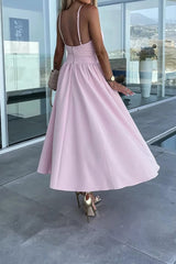 Robe Demoiselle D'Honneur Midi Fendue Bretelles Spaghetti Dos Nu Col En V-