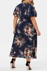 Robe Demoiselle D'Honneur Midi Grande Taille Fleurs Colorées Col V Manches Courtes-