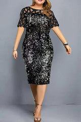 Robe Demoiselle D'Honneur Midi Sirène À Paillettes Manches Courtes-Argent-M (40-42)