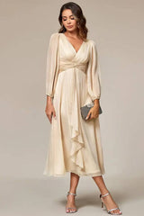 Robe Demoiselle D'Honneur Mousseline Portefeuille Empire Col V Manches Longues-