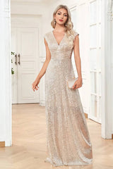 Robe Demoiselle D'Honneur Sirène À Sequins Col En V Manches Très Courtes-Argent-36