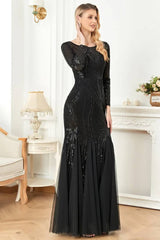 Robe Demoiselle D'Honneur Sirène Manches Longues Maxi À Paillettes-