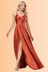 Robe Demoiselle D'Honneur Terre Cuite Longue Satin Fendue Col En V Bretelles Fines Dos Nu-Terracotta-36
