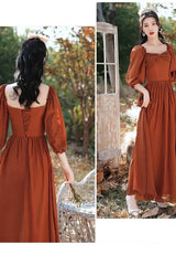 Robe Demoiselle D'Honneur Caramel Manches Longues Bouffantes-