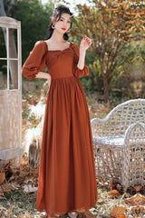 Robe Demoiselle D'Honneur Caramel Manches Longues Bouffantes-Caramel-32