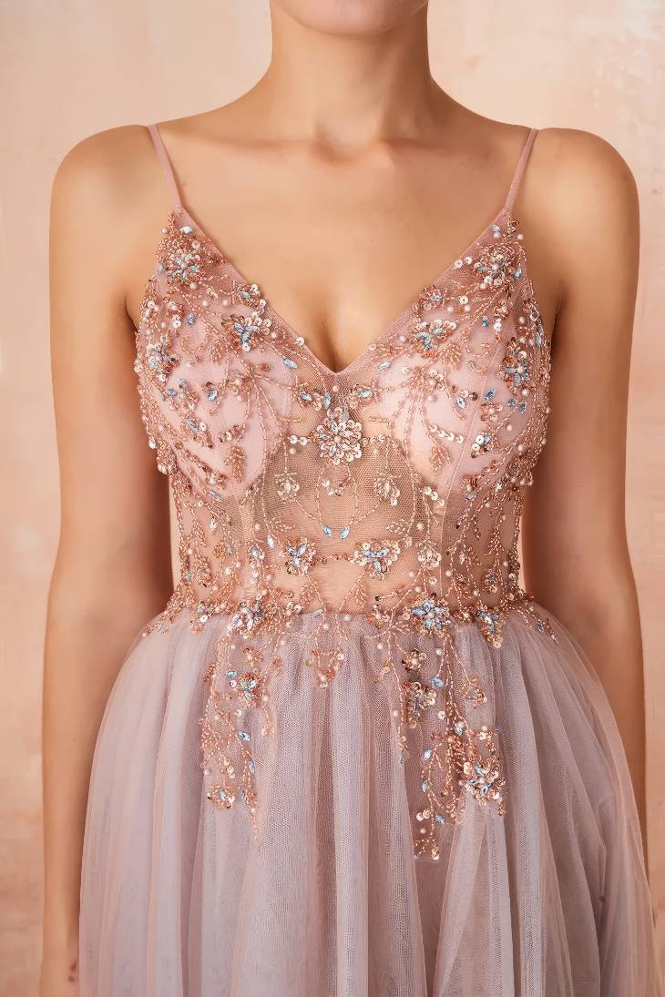 Robe Demoiselle D'Honneur Empire À Fente Broderie À Perles La