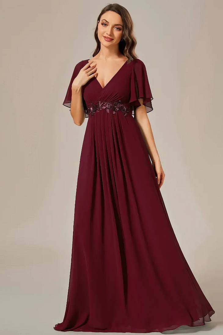 Robe Demoiselle D'Honneur Empire Col V Ceinture Fleurie La