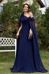 Robe Demoiselle D'Honneur Empire Manches Drapées Épaule Unique-Bleu Marine-S (36-38)