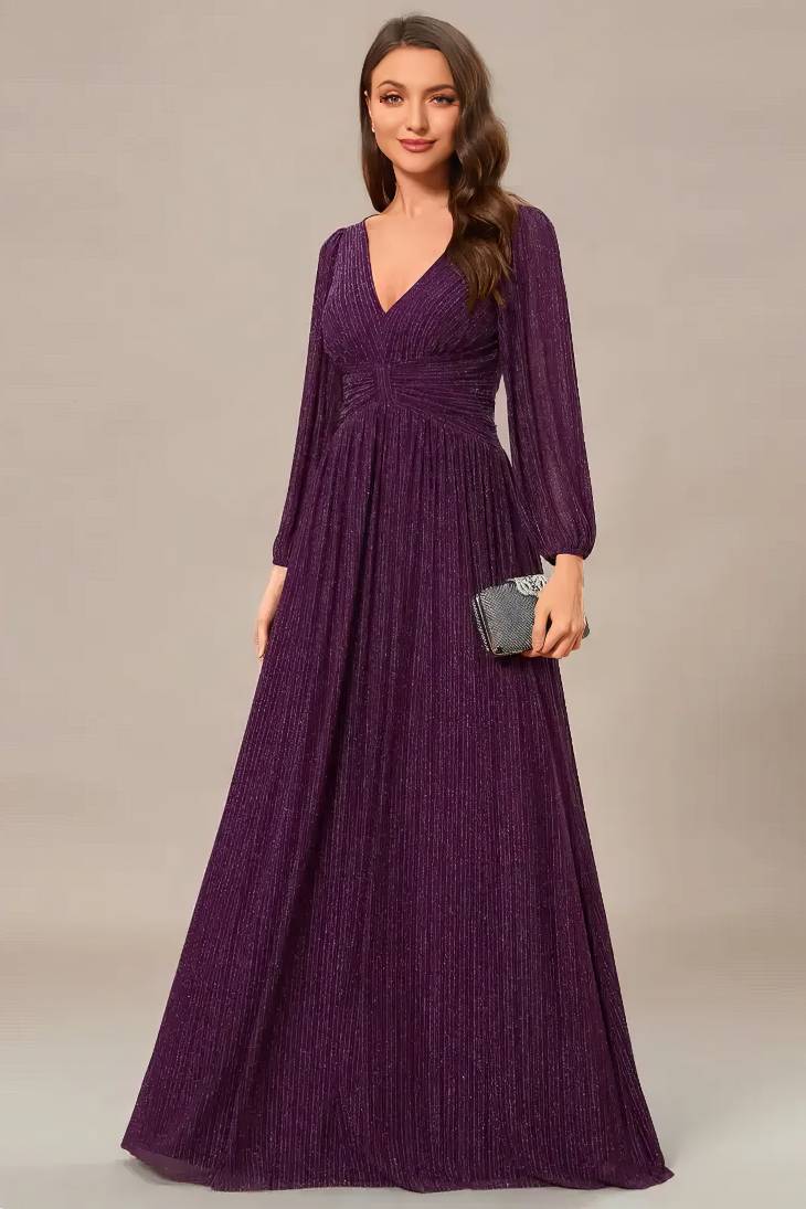 Robe Demoiselle D'Honneur Empire Maxi Etincelante Manches Longues-Prune-56