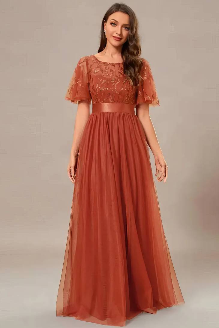 Robe Demoiselle D'Honneur Empire Maxi Ras Du Cou Manches Amples-Orange Brulé-36