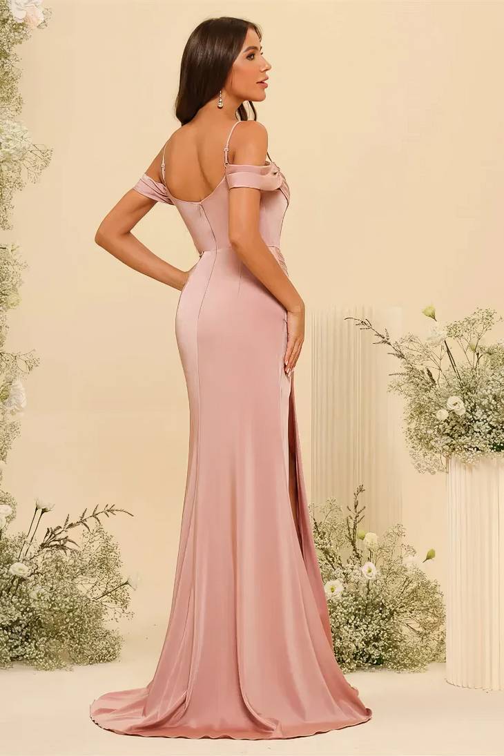 Robe Longue Femme Satin Élégante Dos Nu Fendue Spaghetti - Style Swing Mariage Cocktail Soirée