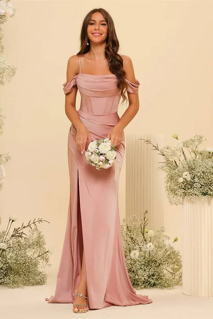 Robe Demoiselle D'Honneur En Satin Fourreau Longue Fendue Bretelles Spaghetti Dos Nu Manches Volantes-Rose Poudré-52