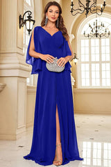 Robe Demoiselle D'Honneur Fendue Mousseline De Soie Longue Col En V Manches Cape-Bleu Roi-XL (48-50)