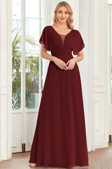 Robe Demoiselle D'Honneur Fluide Mousseline Manches Flottantes Col En V-Bordeaux-36