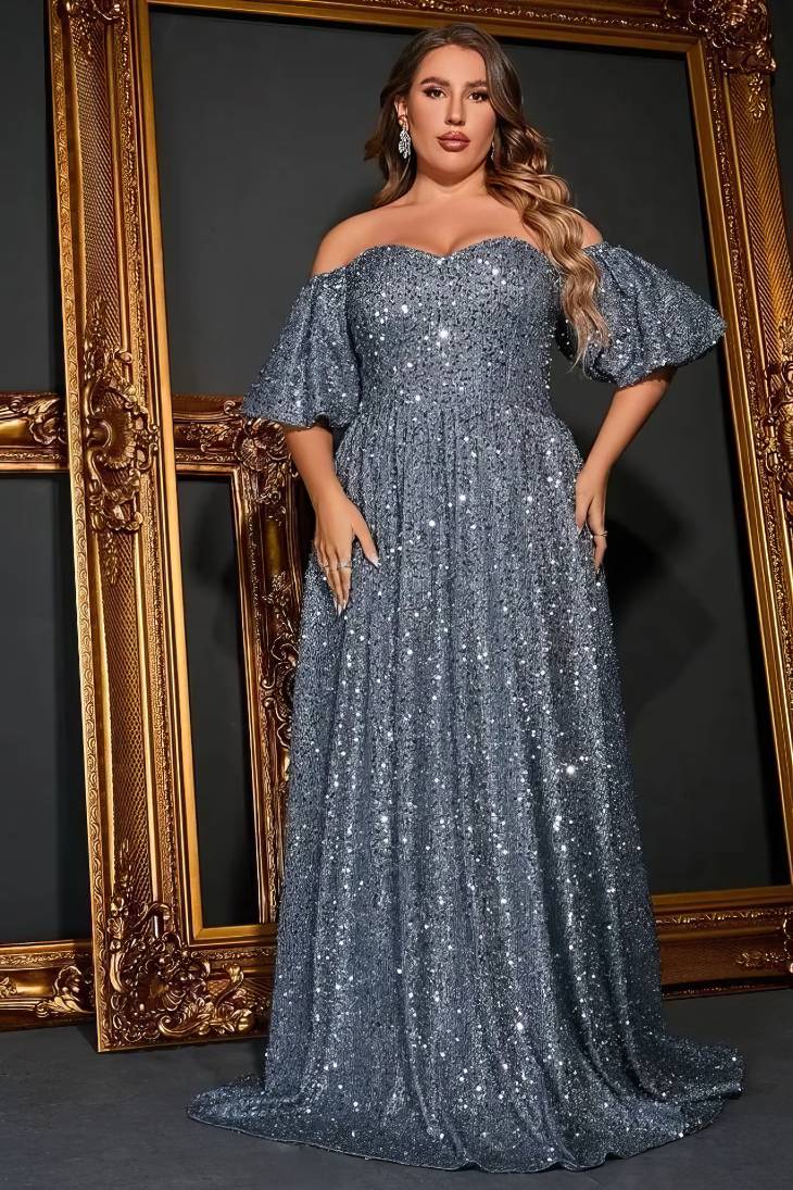 Robe Demoiselle D'Honneur Grande Taille Col Bardot Manches Bouffantes-Argent-3XL (56-58)