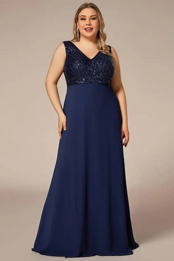 Robe Demoiselle D'Honneur Grande Taille Empire Col En V Bustier Pailleté Sans Manches-Bleu Marine-36